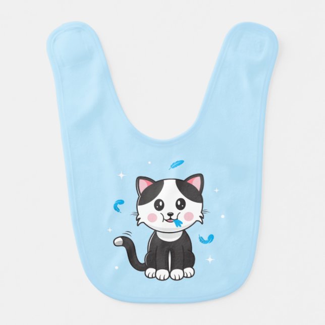Cat and Feathers Baby Bib / Blue (Front)