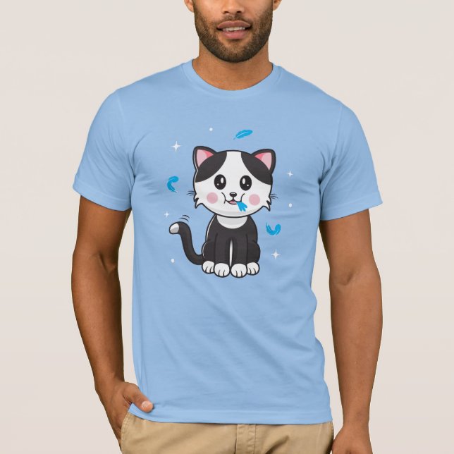 Cat and Feathers / Blue T-Shirt (Front)