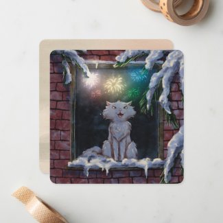 Cat and fireworks - card - by Monika Marzec