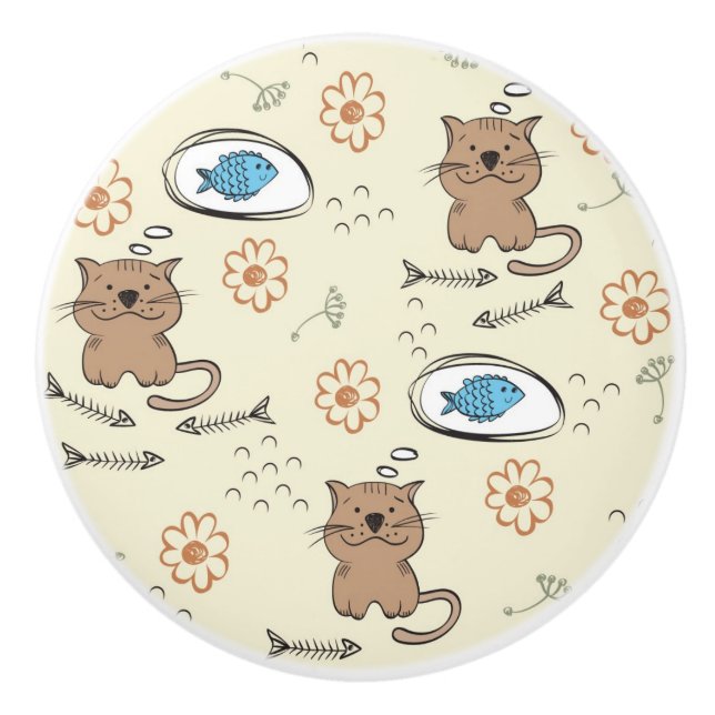 cat and fish pattern ceramic knob (Front)