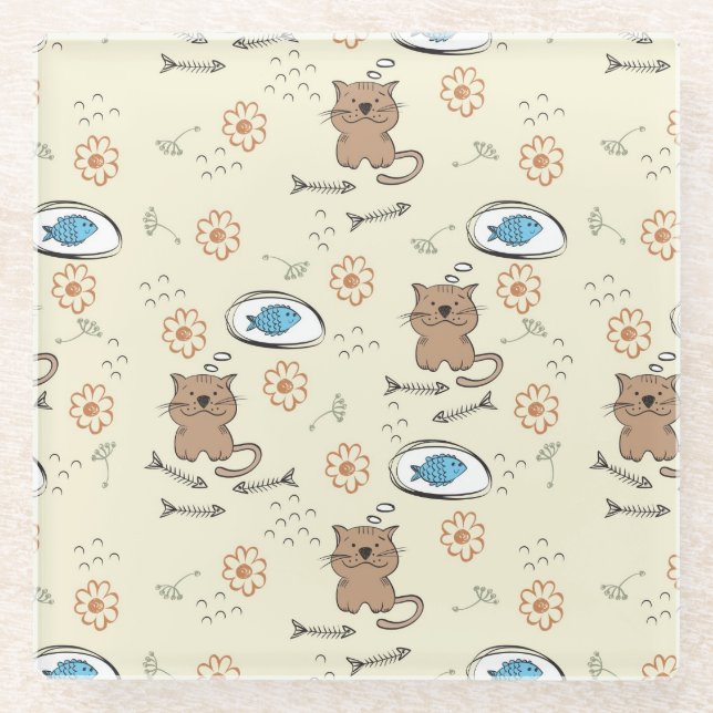 cat and fish pattern glass coaster (Front)