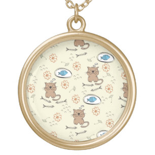 cat and fish pattern gold plated necklace