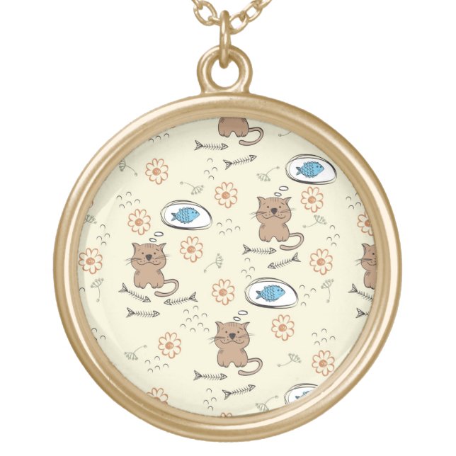 cat and fish pattern gold plated necklace (Front)