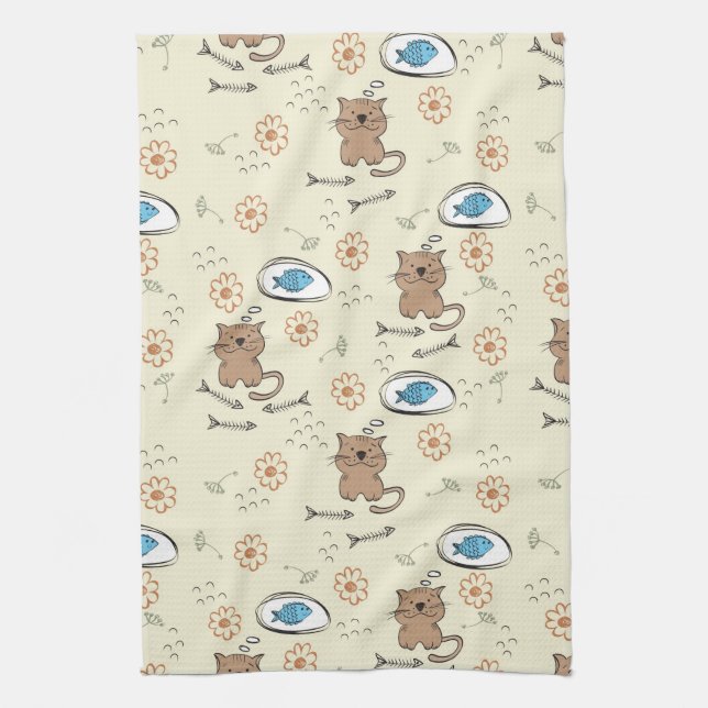 cat and fish pattern kitchen towel (Vertical)