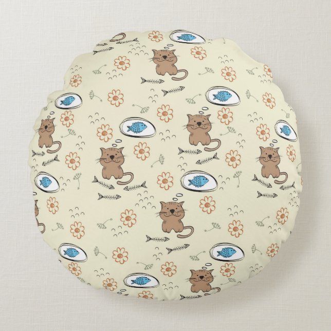 cat and fish pattern round pillow (Front)