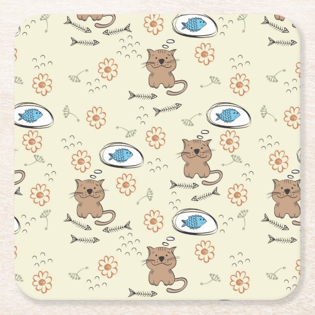 cat and fish pattern square paper coaster (Front)