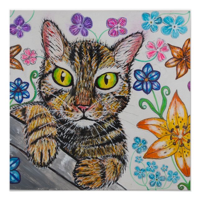 Cat and floral background poster  (Front)