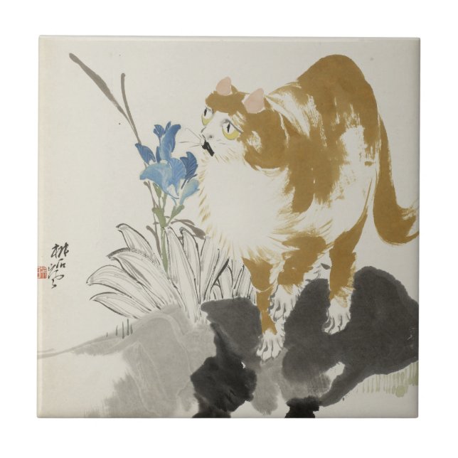 Cat and Flower Chinese Art  | Ceramic Tile (Front)