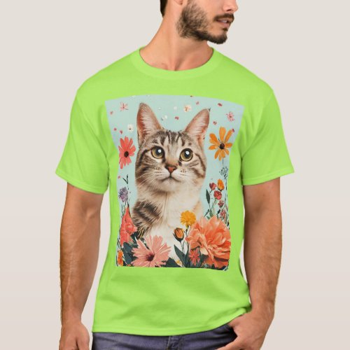 Cat and flower design  T_Shirt