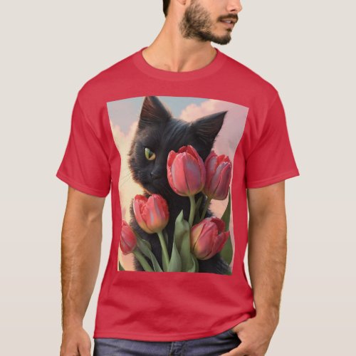 Cat and flower design t_shirt 