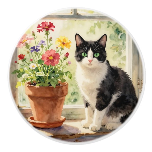 Cat and Flower Themed Ceramic Knob (Front)