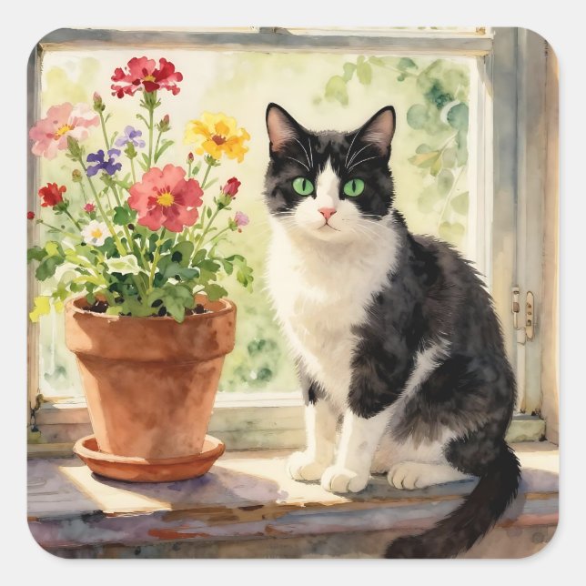 Cat and Flower Themed Square Sticker (Front)