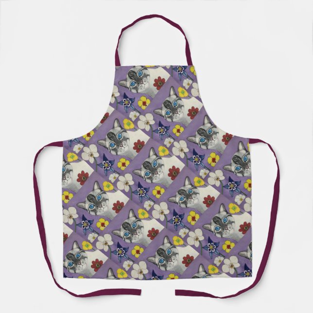 Cat and flowers All-Over Print Apron, Medium Apron (Front)