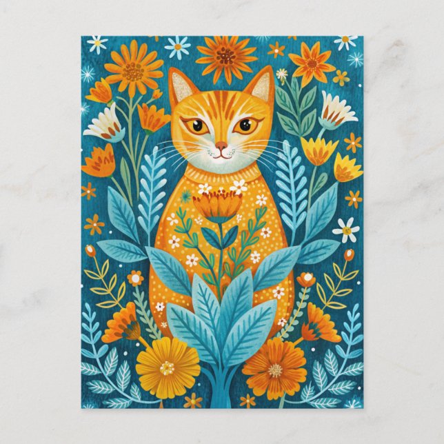 Cat and flowers folk art style orange and blue postcard (Front)