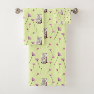 cat and flowers pattern bath towel set