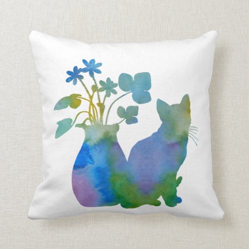 Cat and flowers throw pillow