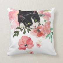 Cat and flowers, Throw Pillow 16" x 16"