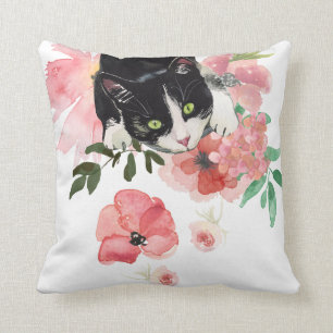 Cat and flowers, Throw Pillow 16" x 16"