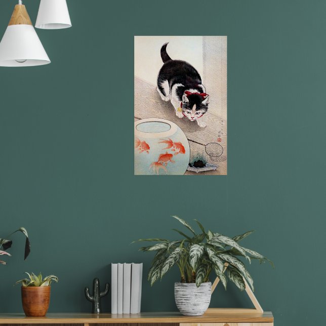Cat and Goldfish Bowl artwork,  Poster (Living Room 1)