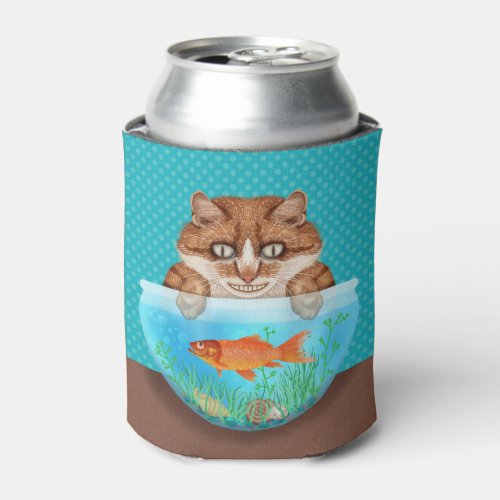 Cat and Goldfish Bowl Funny Hungry Grinning Kitty Can Cooler