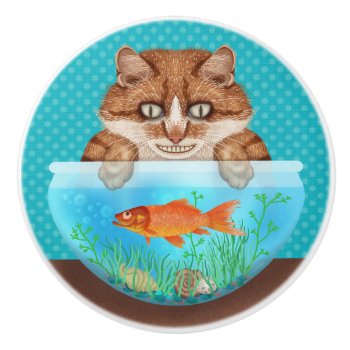 Cat And Goldfish Bowl Funny Hungry Grinning Kitty Ceramic Knob by LaborAndLeisure at Zazzle