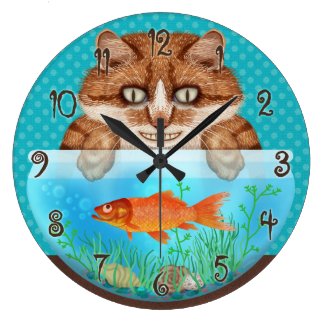 Cat and Goldfish Bowl Funny Hungry Grinning Kitty Large Clock