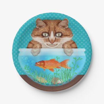 Cat And Goldfish Bowl Funny Hungry Grinning Kitty Paper Plates by LaborAndLeisure at Zazzle