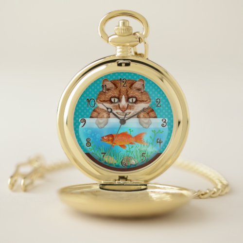 Cat and Goldfish Bowl Funny Hungry Grinning Kitty Pocket Watch