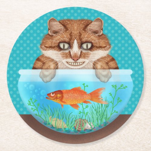Cat and Goldfish Bowl Funny Hungry Grinning Kitty Round Paper Coaster
