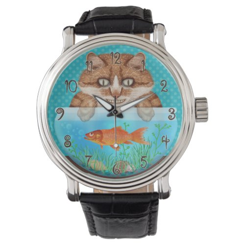 Cat and Goldfish Bowl Funny Hungry Grinning Kitty Watch
