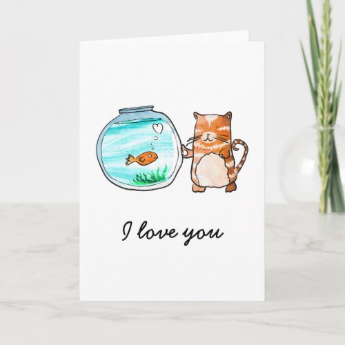 Cat and goldfish in love card