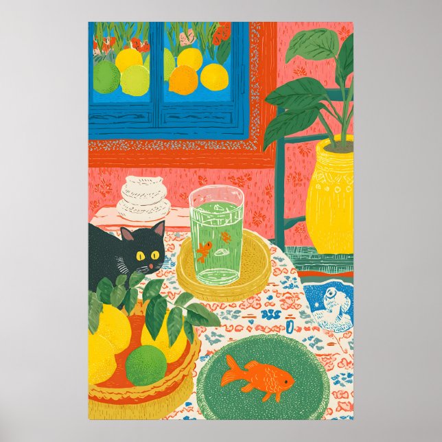 Cat and Goldfish Kitchen Art Print Colorful Still (Front)