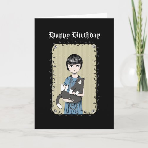 Cat and Goth Girl Creepy Dark Art Happy Birthday  Card