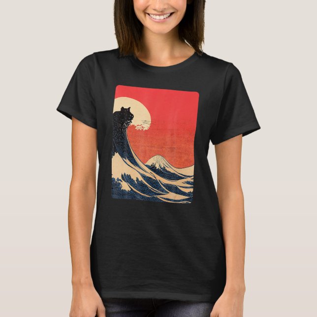 Cat And Great Wave Off Kanagawa Japanese Aesthetic T-Shirt (Front)