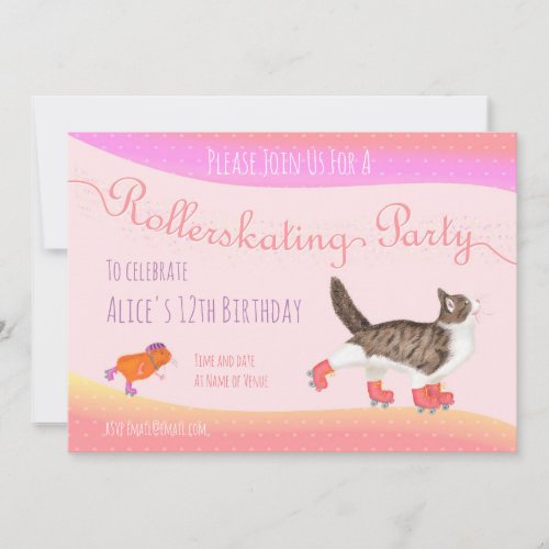 Cat and guinea pig rollerskating party invite