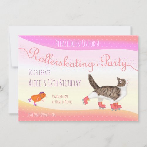 Cat and guinea pig rollerskating party invite
