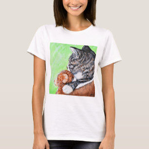 Cat and his Bear in the Window Painting T-Shirt