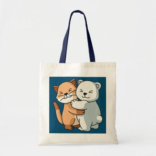 Cat and Icebear Cute Animal Lover Hugging Women Tote Bag