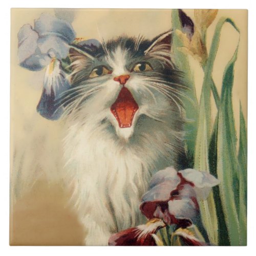 Cat and Irises by Maurice Boulanger Ceramic Tile