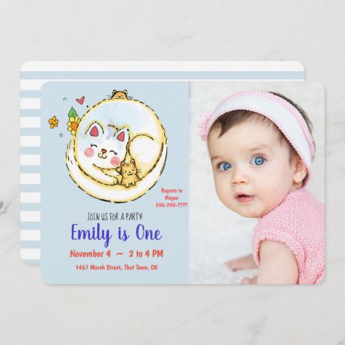 Cat and Kitten First Birthday Party Invitations