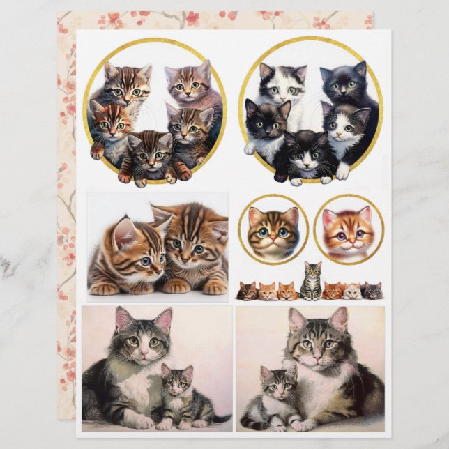 Cat and Kittens Ephemera in Vintage Style (Front/Back)