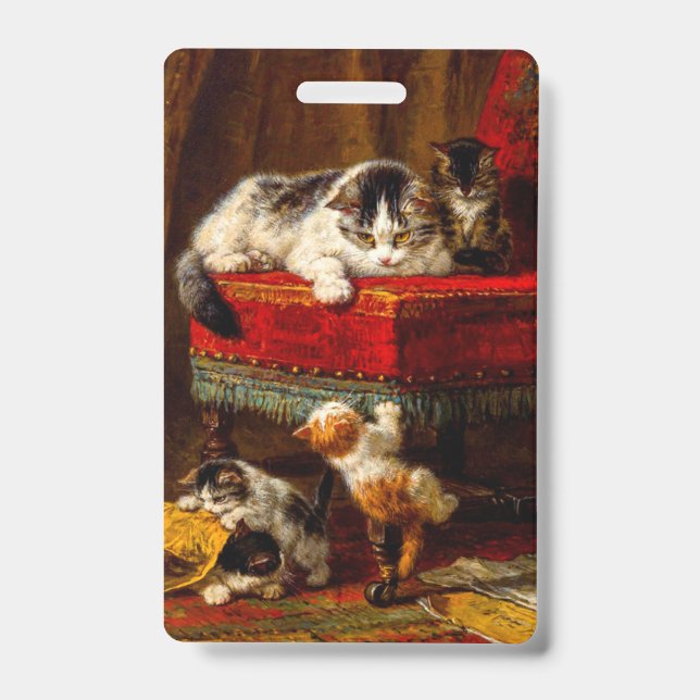 Cat and Kittens Playing with Chair Badge (Front)