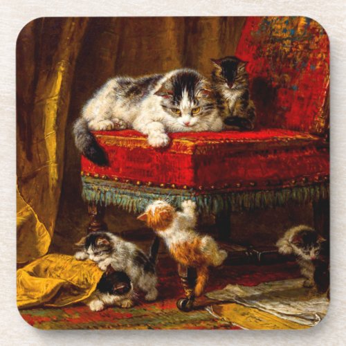 Cat and Kittens Playing with Chair Beverage Coaster