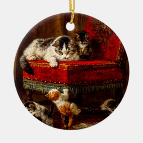 Cat and Kittens Playing with Chair Ceramic Ornament
