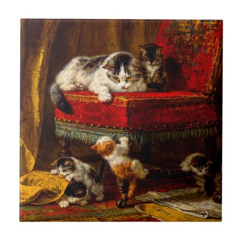 Cat and Kittens Playing with Chair Ceramic Tile