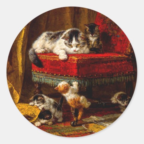 Cat and Kittens Playing with Chair Classic Round Sticker