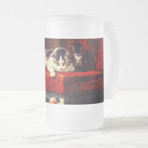 Cat and Kittens Playing with Chair Frosted Glass Beer Mug