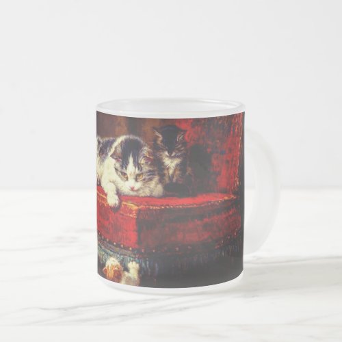 Cat and Kittens Playing with Chair Frosted Glass Coffee Mug