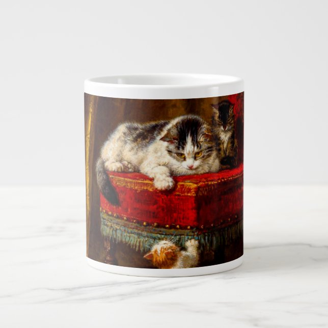 Cat and Kittens Playing with Chair Giant Coffee Mug (Front)