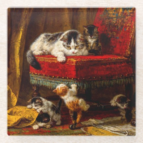Cat and Kittens Playing with Chair Glass Coaster